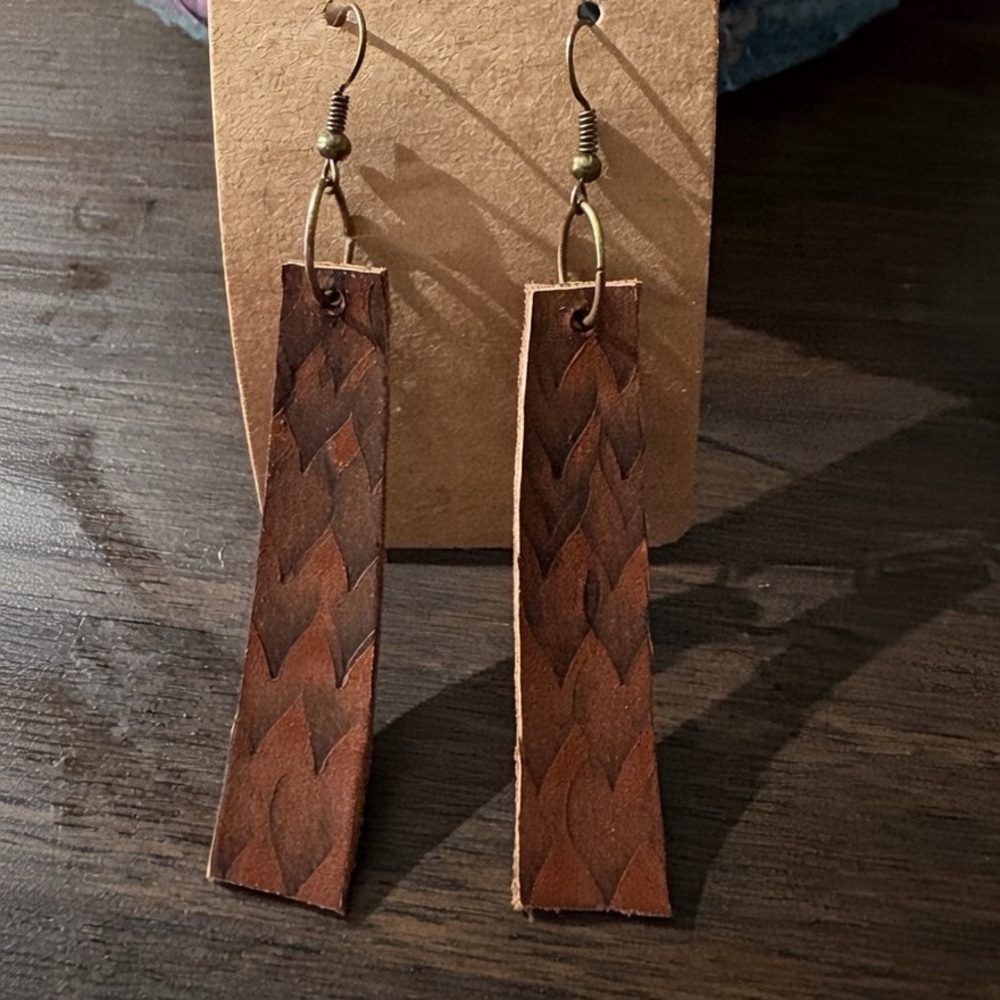 Brown Leather Feather Earrings